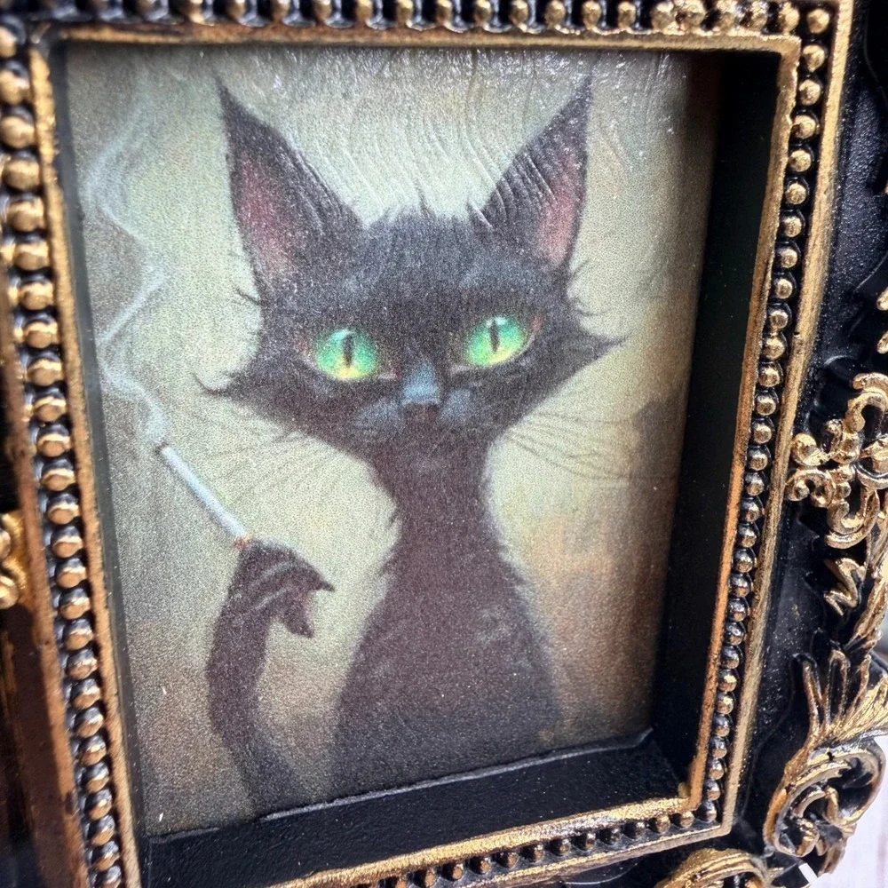 Smoking Black Cat Ornate Gold Black Resin Frame Decoupage Art Print 3.75x3.25